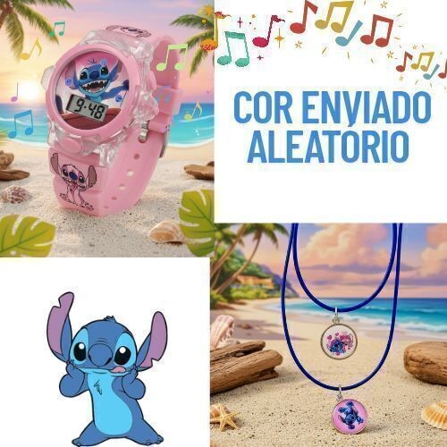 Kit Relógios infantil Digital Pisca Luz Led Disney Stitch Lilo Angel + Colar Cordão Amizade Best Friends 3D Presente