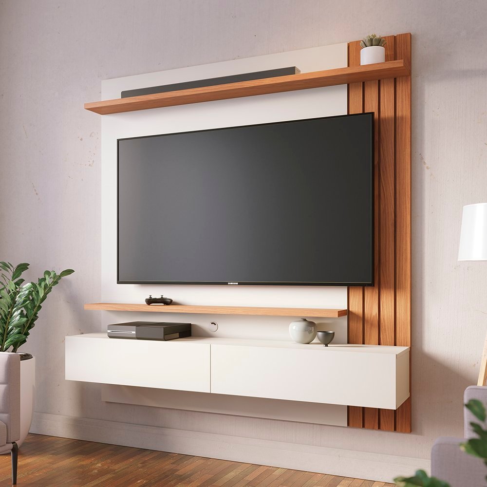 Painel para TV até 65 Polegadas 2 Portas Basculantes 2 Prateleiras Juriti Off White Matte/Freijó em Oferta na Shopee