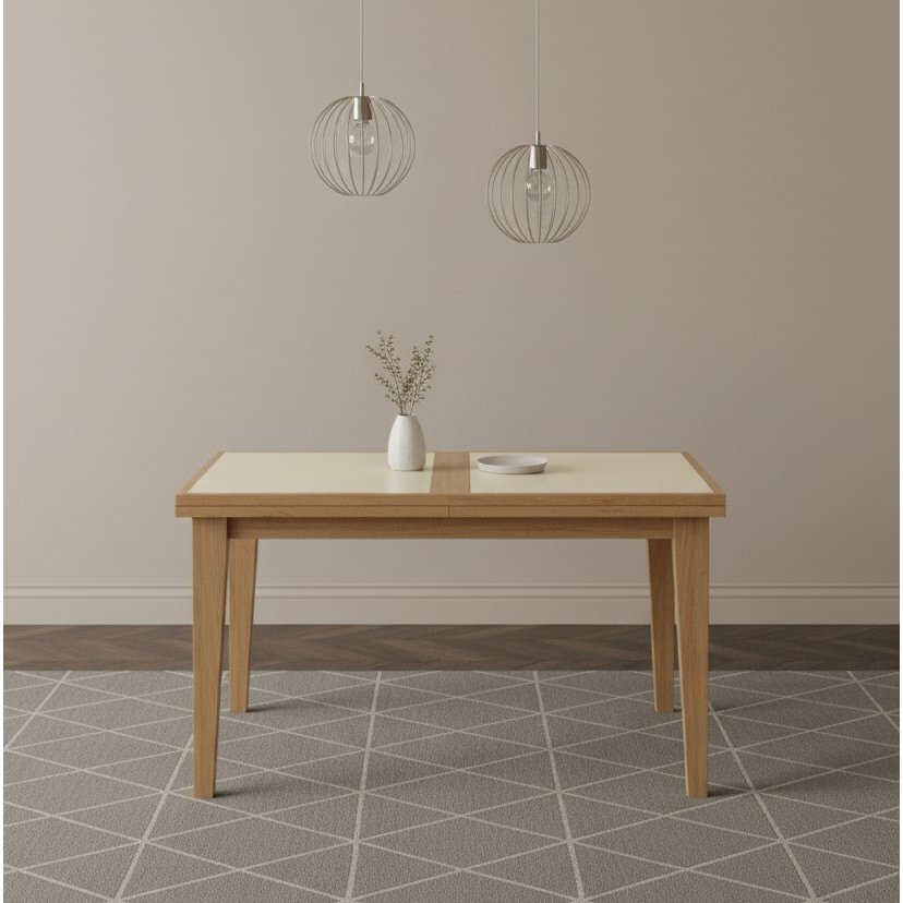 Mesa de Jantar 4 a 6 Lugares Retangular Extensível Tampo de Vidro/MDF Paris Mel/Off White