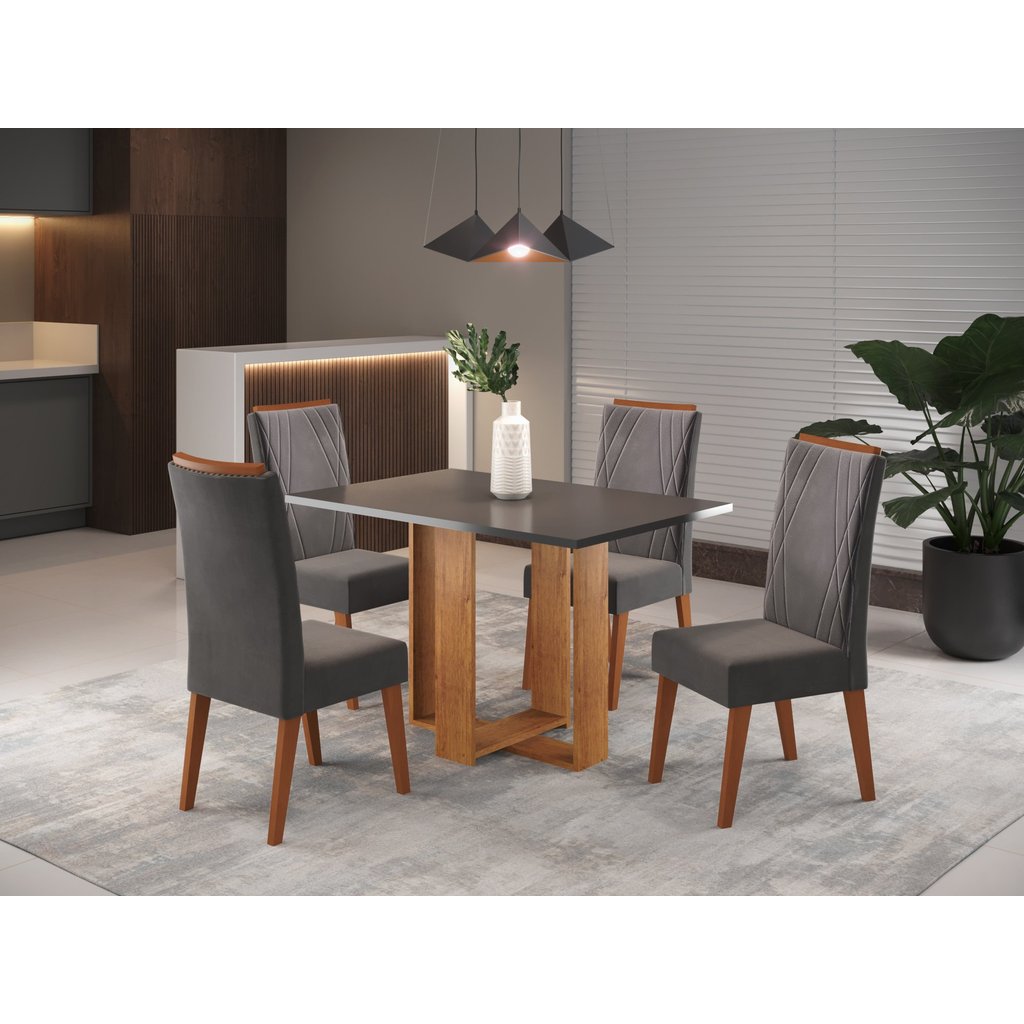 Mesa de Jantar Retangular Dinamarca com 4 Cadeiras Madeira Maciça Vegas  Mel/Grafite em Oferta na Shopee