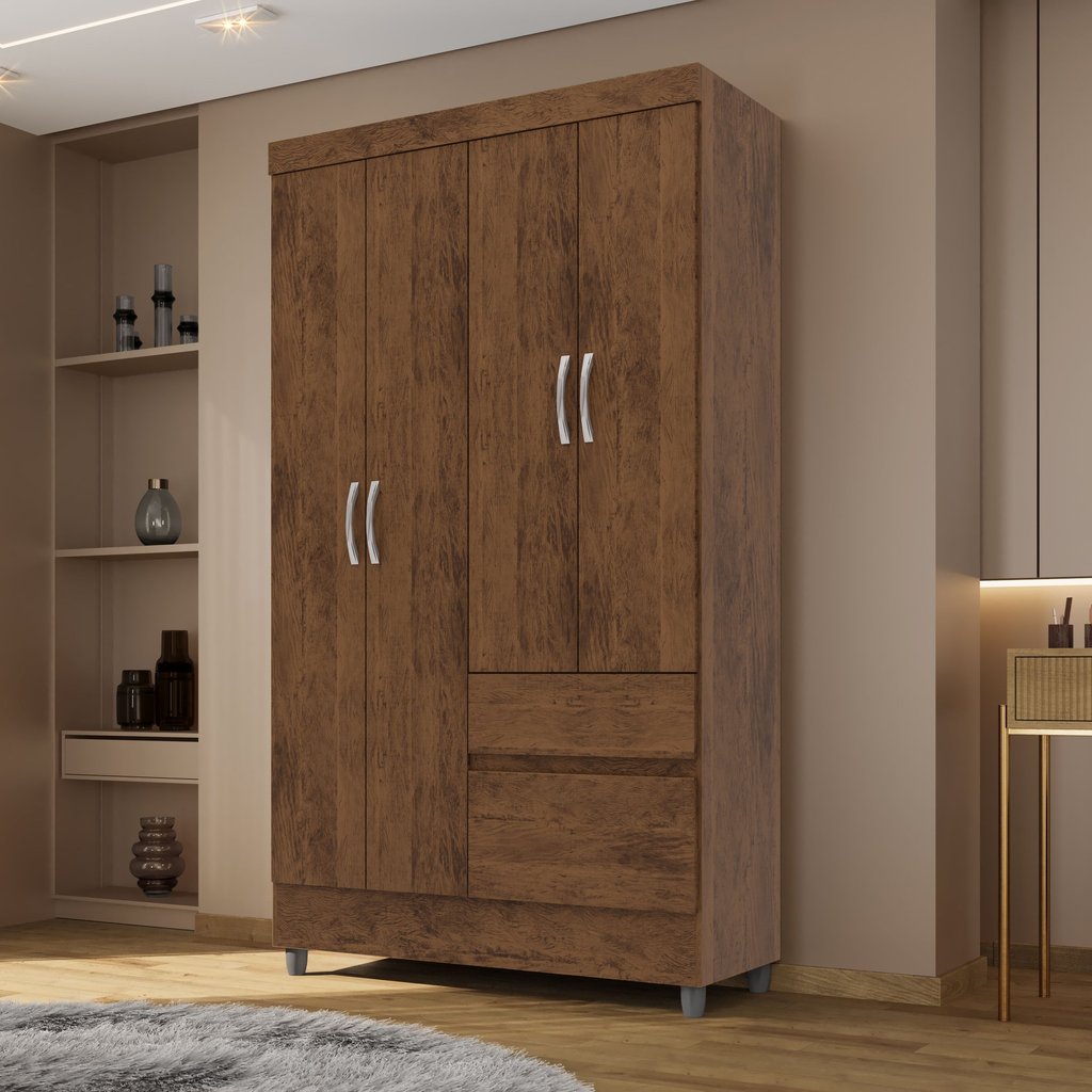 Guarda-Roupa Solteiro 4 Portas 2 Gavetas Panama Imbuia Rústico em Oferta na Shopee