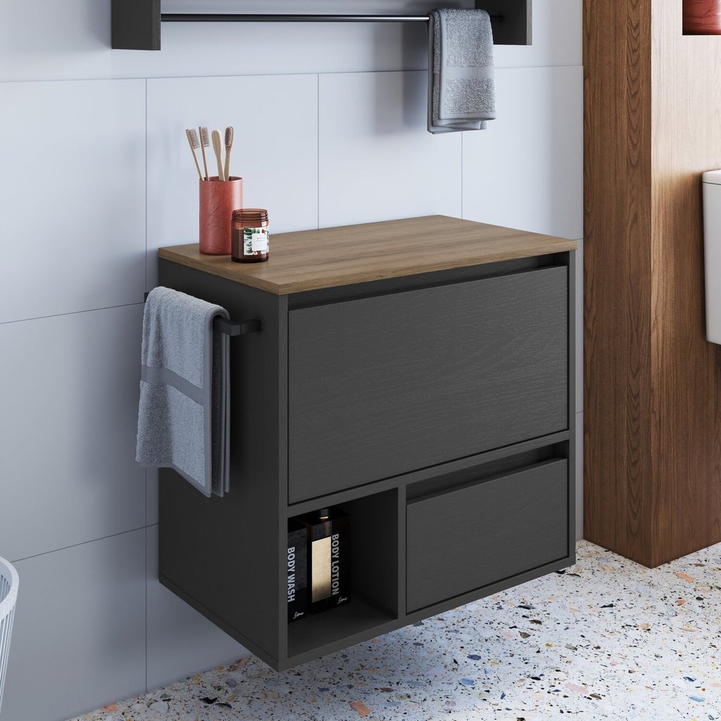 Gabinete de Banheiro Suspenso 60cm com 1 Nicho 1 Toalheiro 1 Porta e 1 Gaveta Mel/Grafite em Oferta na Shopee