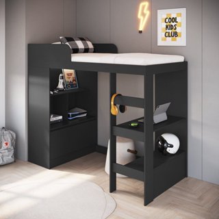 Cama Alta Multifuncional Solteiro Infantil/Juvenil com Estante E Escrivaninha 80 Amsterdam Grafite em Oferta na Shopee