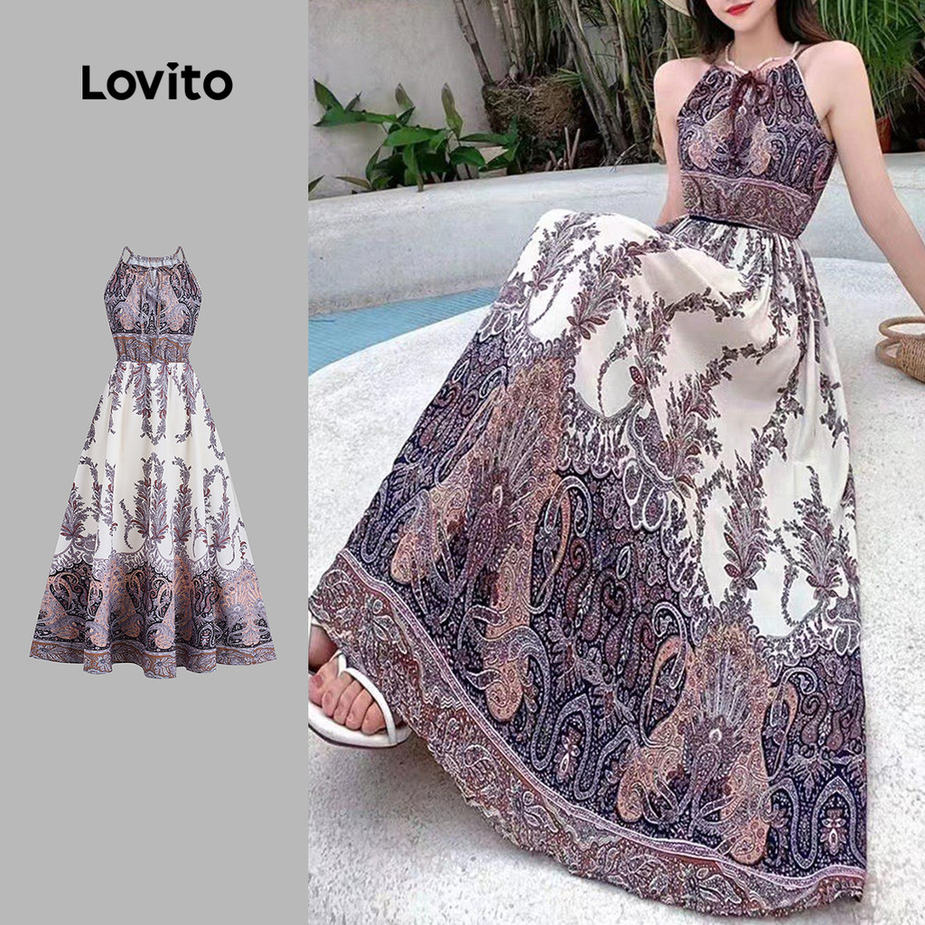 Lovito Vestido Boho com Amarração Primavera/verão para mulheres LBL29099 em Oferta na Shopee