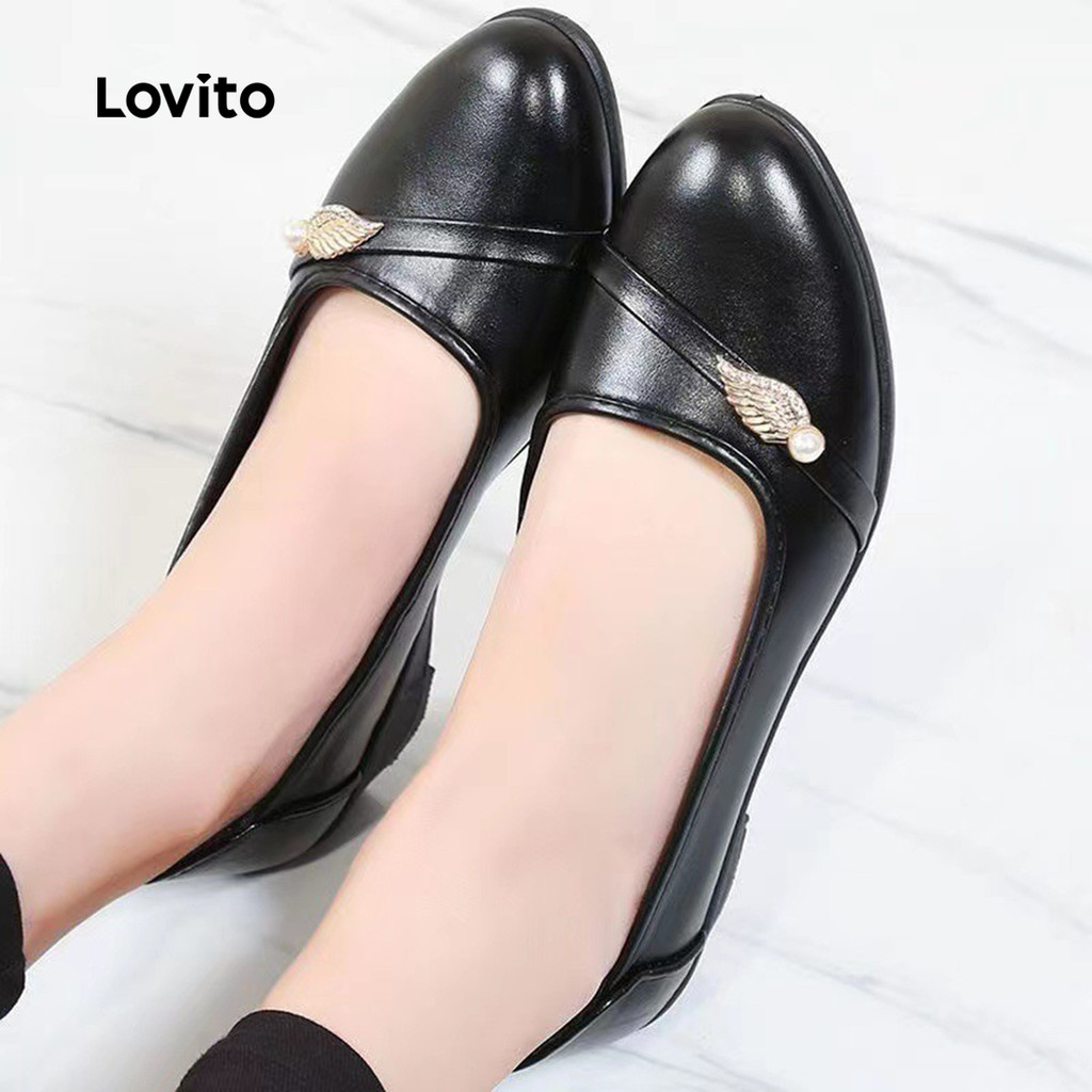 Detalhes do Lovito Sapatos de Barco Casuais com Laço para Todas As Estações Sapatos de Barco Pretos para mulheres LFA85008