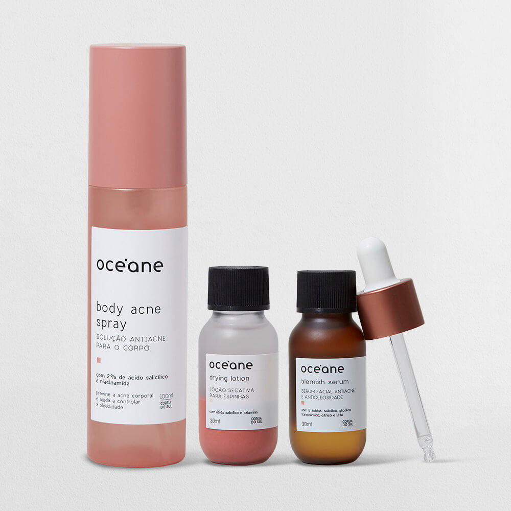 Kit antiacne com sérum, loção secativa e solução para o corpo