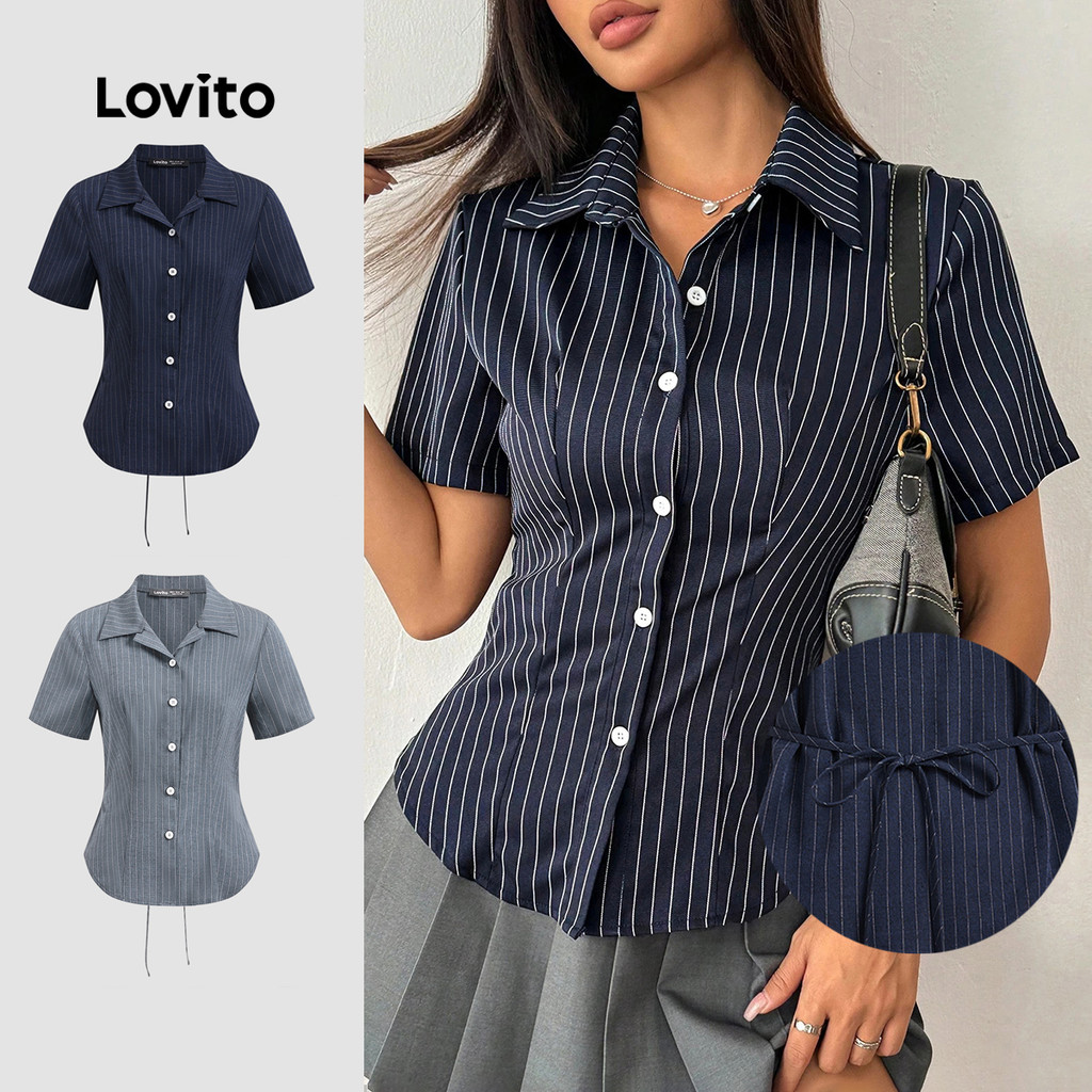 Lovito Blusa Elegante Listrada Com Botão Frontal Redondo Blusa De Verão/Primavera Para Mulheres LBL23387 em Oferta na Shopee