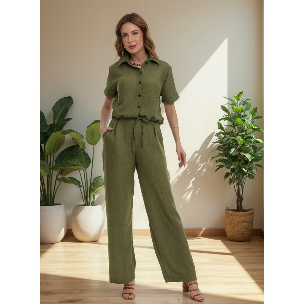 Conjunto Dunatwil Blusa Manga Curta De Botão E Calça em Oferta na Shopee