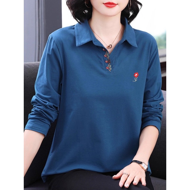 Roupas femininas da moda estilo mãe moda Tops femininos puro algodão manga comprida camiseta feminina 2026 outono meia-i