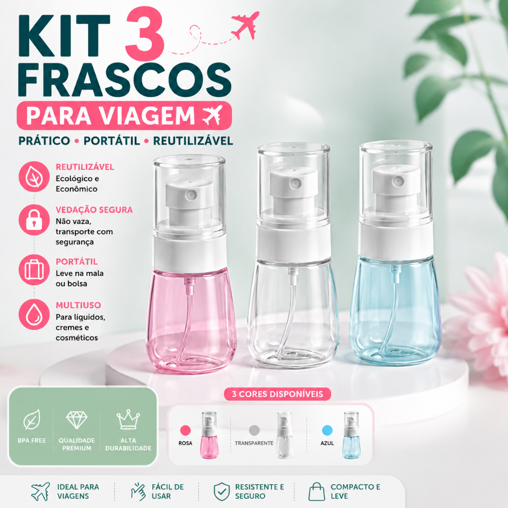 kit com 3 Frasco de Spray Névoa Fina 30ml - Leve, à Prova de Vazamento, Perfeito para Viagensshop hera