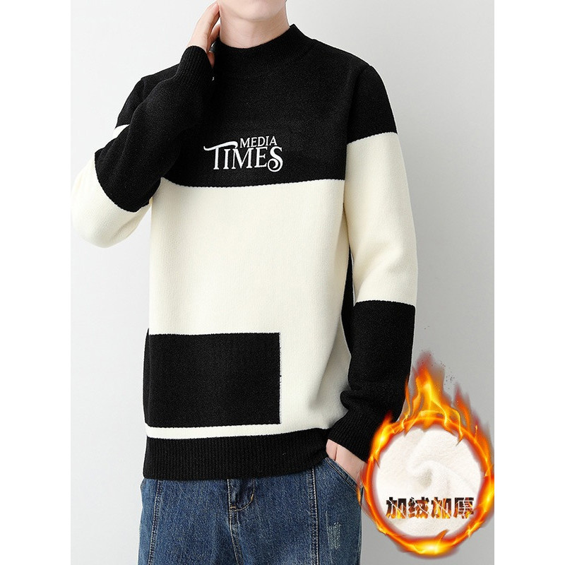 Novo estilo meia gola alta camisola masculina outono inverno forro de lã engrossado roupas quentes adolescente estudante