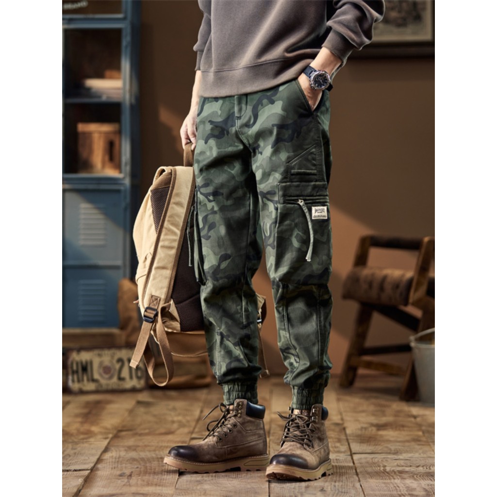Estilo americano camuflagem macacão masculino 2024 primavera outono novo estilo solto calças compridas forro de lã engro