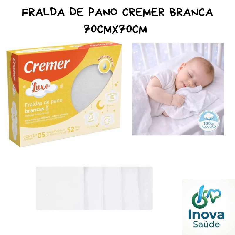 Fralda de Pano Cremer 70cmx70cm Branca com 5 Unidades