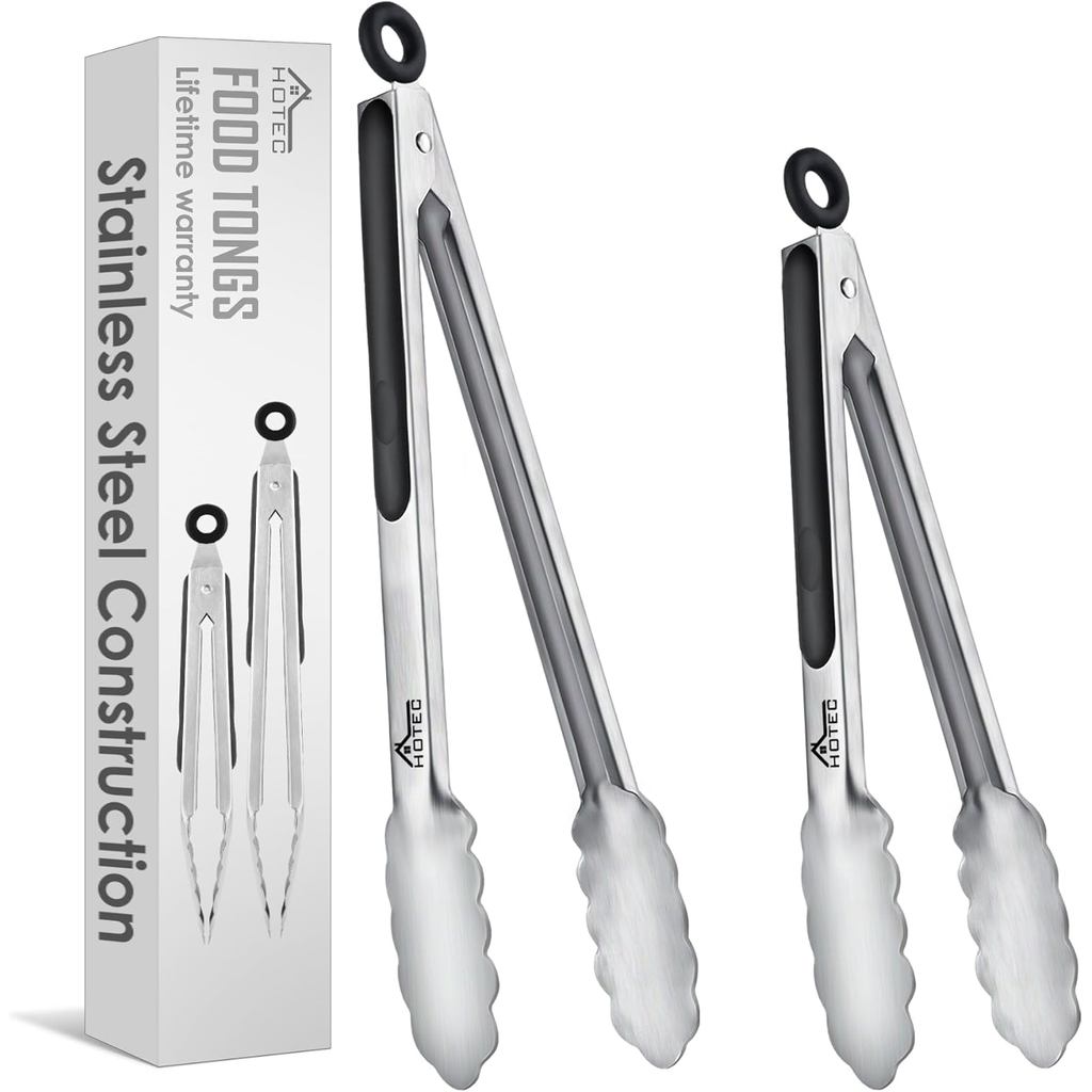 Pinças de Cozinha em Aço Inoxidável Hotec, Conjunto de 2 - 9" e 12", Pinças de Metal com Trava para Cozinhar, Servir, Ch