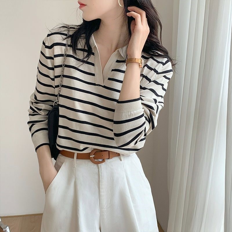 Polo pequena camisa com decote em V de malha listrado Bottoming manga comprida camiseta primavera outono novo estilo fem