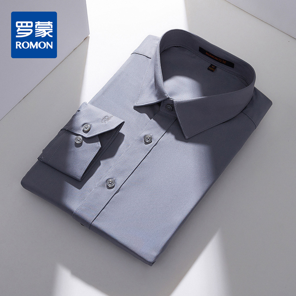 [Suave e confortável] Romon primavera outono novo estilo camisa de manga comprida cor sólida lapela simples negócios Cas