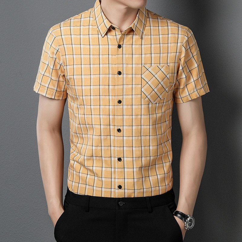 Verão de meia-idade masculina de manga curta camisa de seda gelo Casual xadrez mercerizado algodão bolso Real solto Da