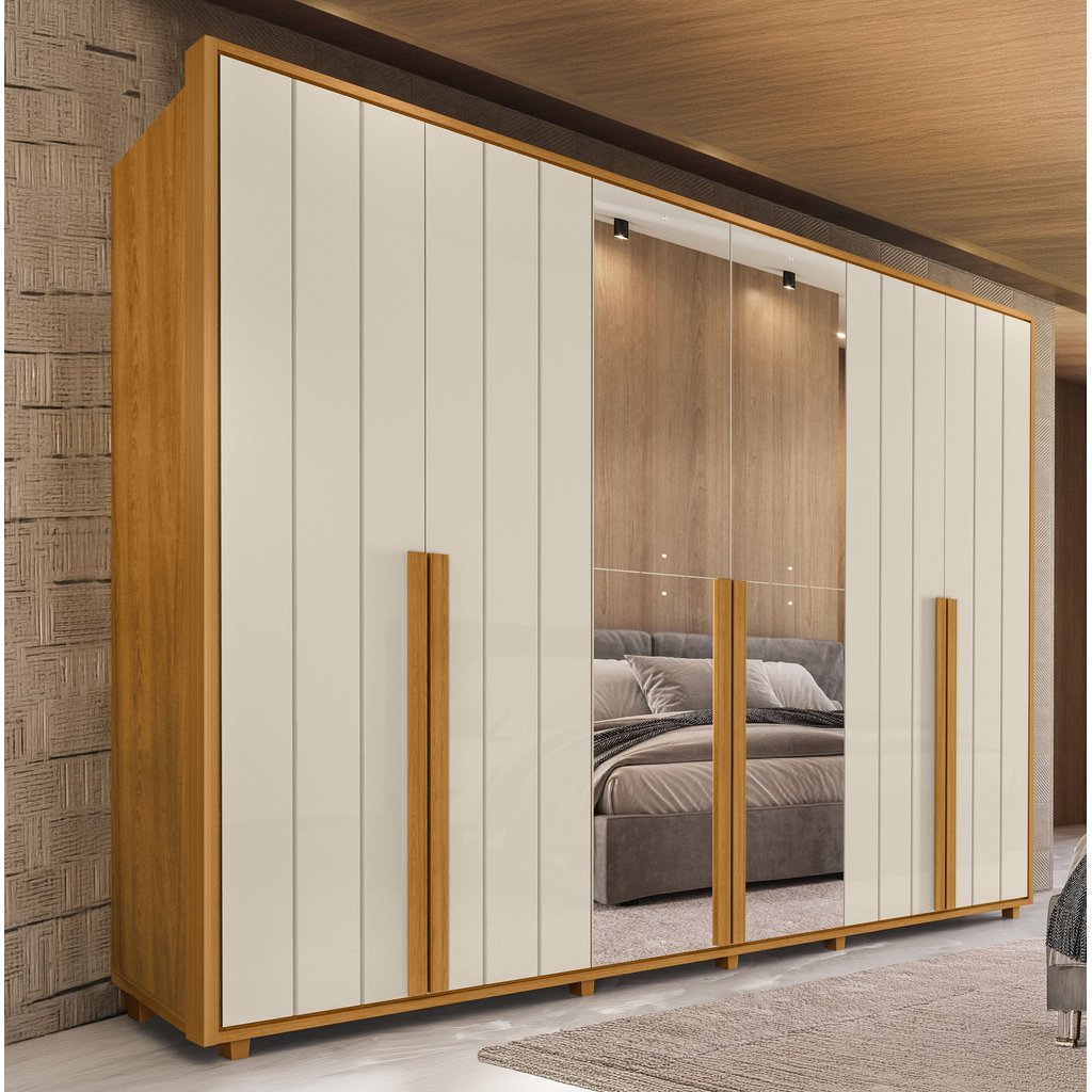 Guarda-Roupa Casal 6 Portas 100% MDF com Espelhos e Pés Volpi Branco/Cinamomo/Off White Cinamomo/Off White