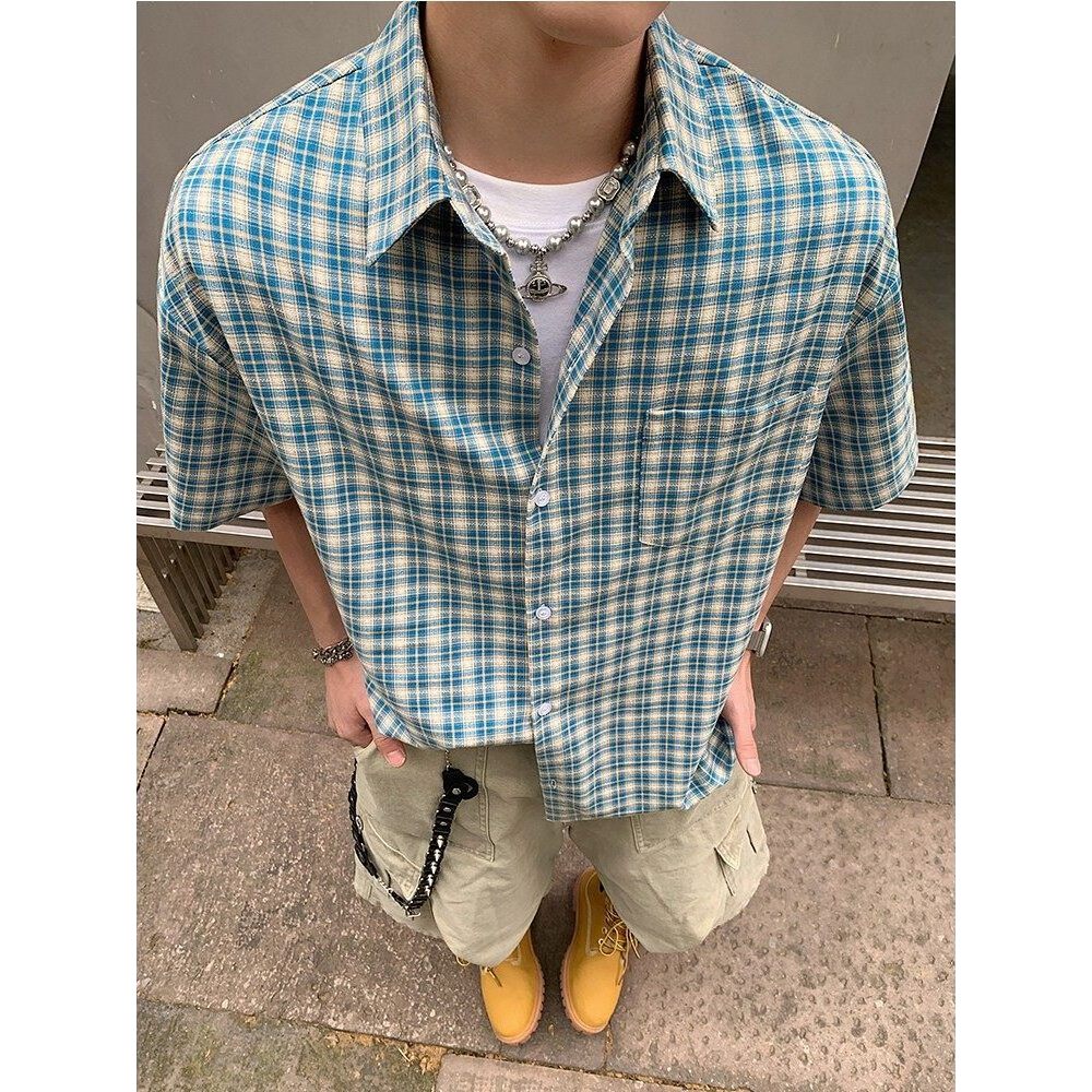 Americano Retro xadrez camisa de manga curta masculina verão Casual na moda camisa de meia manga masculina High-End Stre