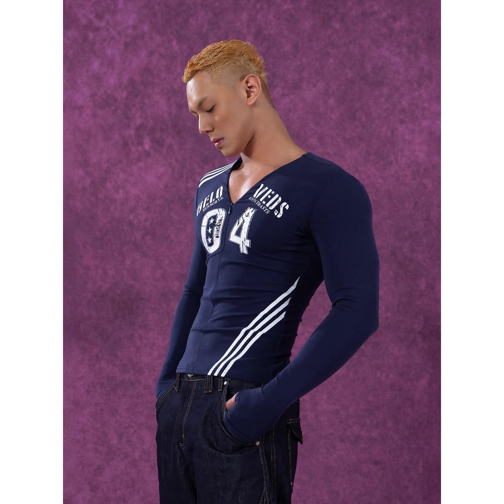 CLP Azul Marinho Zíper Profundo V Cardigan Slim-fit Manga Comprida Camiseta Listrada Impressão Esportes Fitness Stretch 