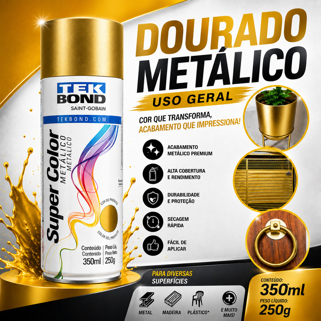 Tinta Spray Aerossol Tekbond Metálica Super Color Dorado Metálico 350ml 250g