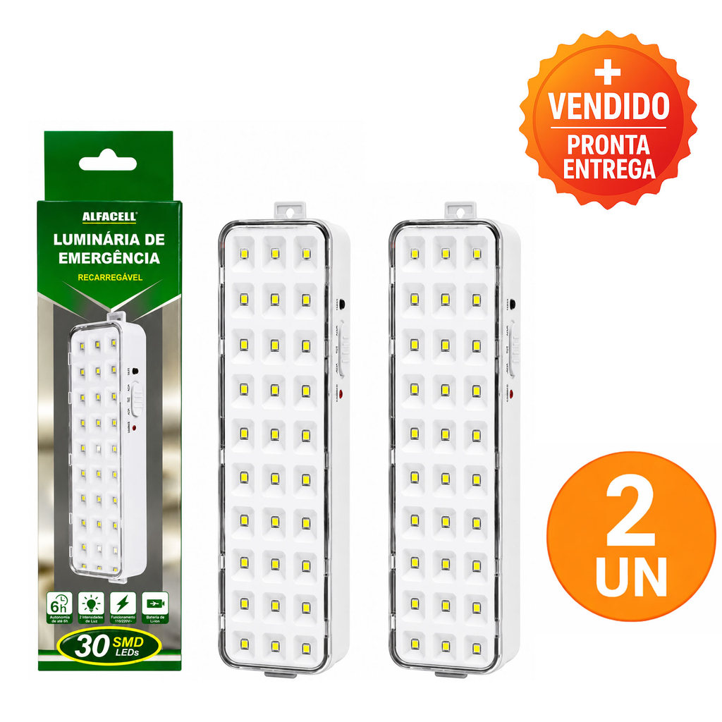 Kit 2 Luz Luminária de Emergência LED 30 LEDs SMD Recarregável Bivolt Automático Uso Residencial Comercial