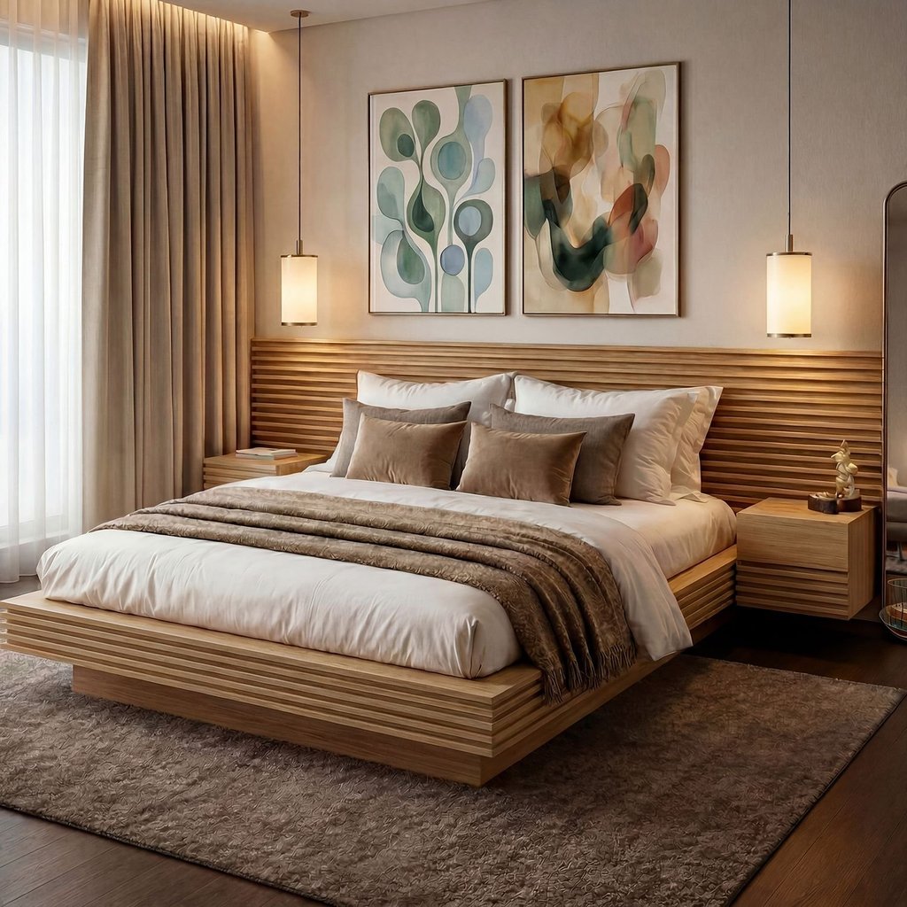 Cama Casal/Queen com Cabeceira e Mesa de Apoio Samambaia CabeCasa MadeiraOriginals Carvalho