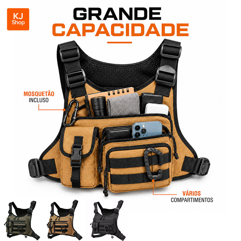 Bolsa Peitoral Tática Masculina Chest Rig com Múltiplos Bolsos Ajustável para Uso Outdoor