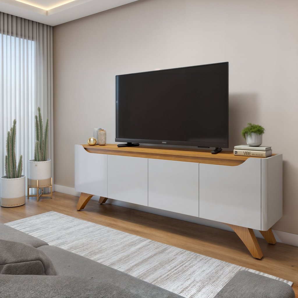 Rack para TV até 58 Polegadas 100% MDF 180cm Pés em Madeira Maciça 4 Portas Maciça Grécia Bege Off White/Naturalle