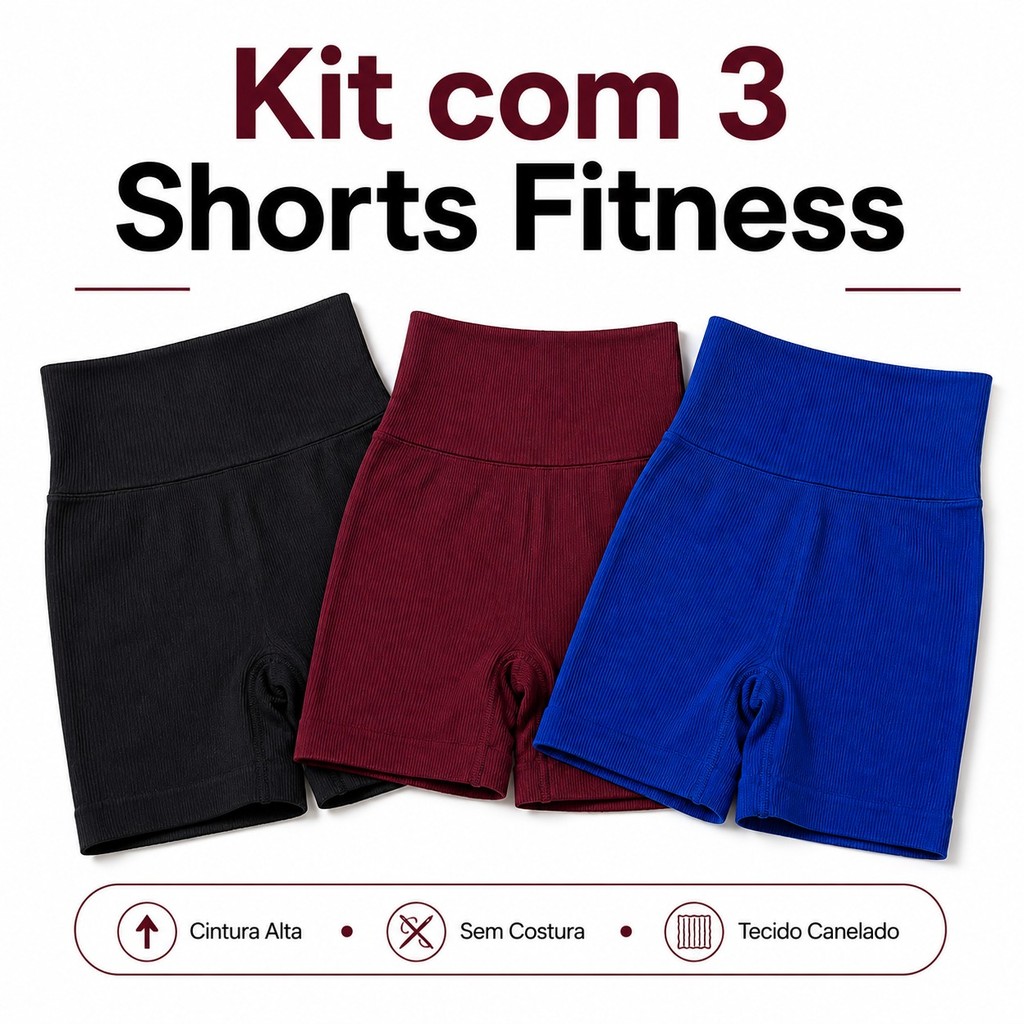 Kit 3 Shorts Fitness Feminino Canelado Cintura Alta Zero Transparência Academia Treino Premium Confortável