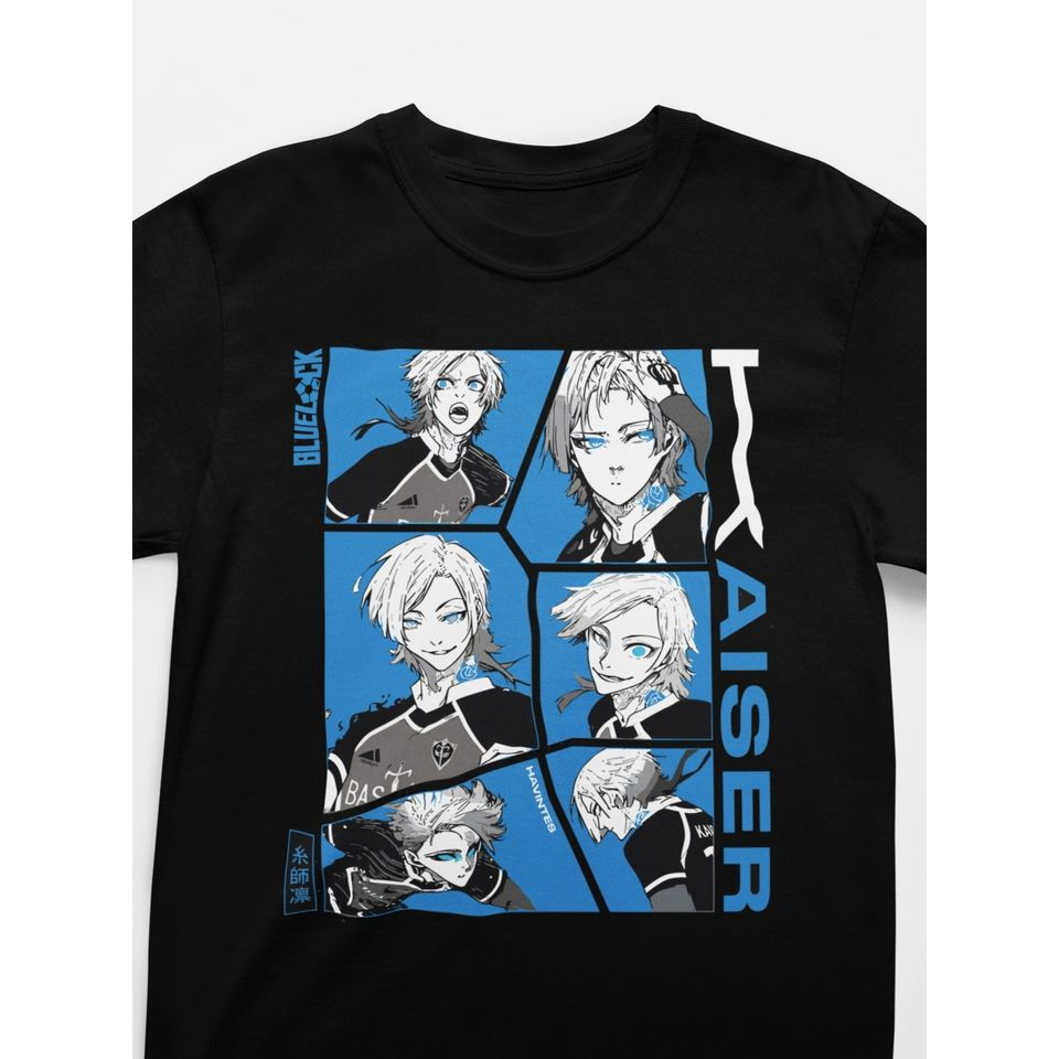Camiseta Masculina Feminina Kaiser Michael Blue Lock Collage Painel Azul Preta Oversized Unissex Algodão Premium