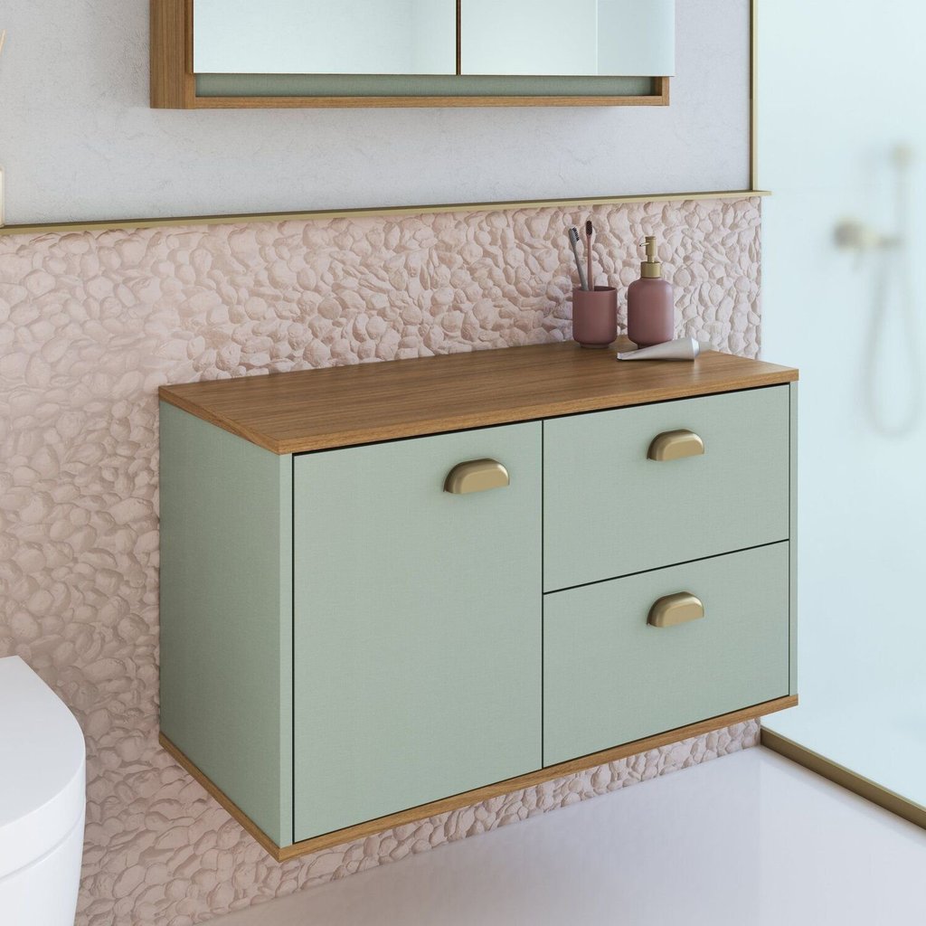 Gabinete de Banheiro 80cm 100% MDF com 1 Porta e 2 Gavetas sem Cuba Lívia Yescasa Verde/Freijó/Mosca Freijó/Moscatel