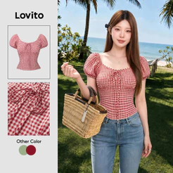 Lovito Férias Blusa Vermelha Com Amarração Na Cintura Ideal Para a Primavera/verão Bordado L151AD077
