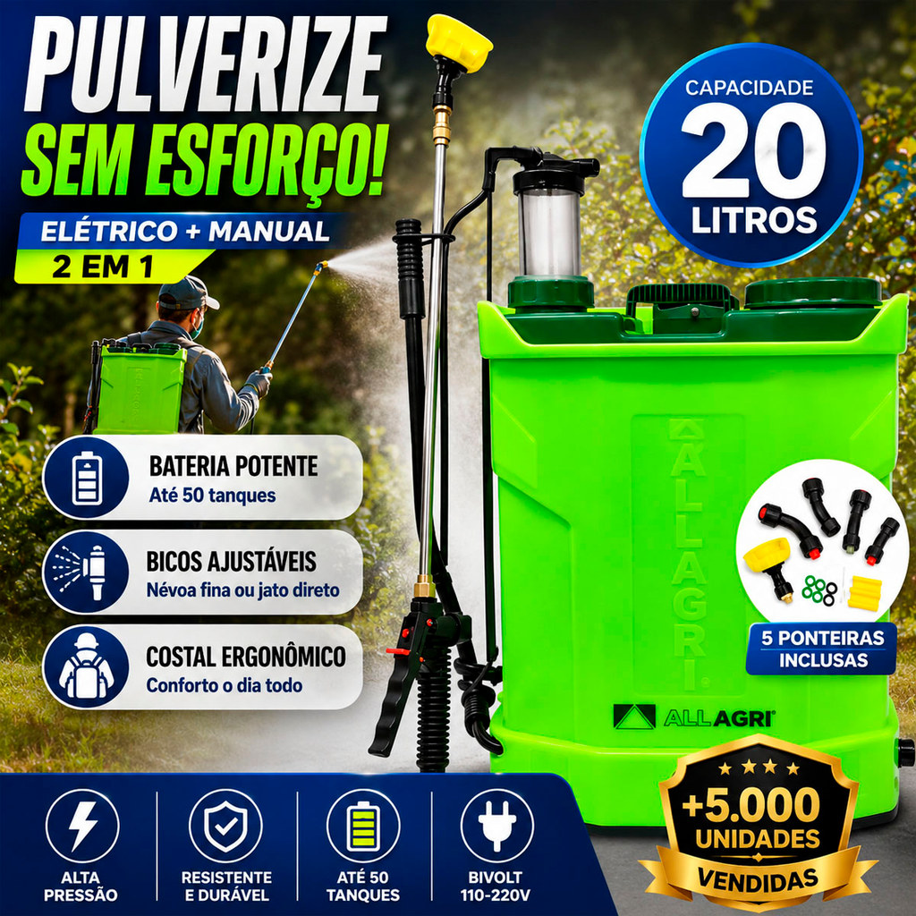 Pulverizador Costal Elétrico AP20 EL 20L Recarregável All Agri Agricultura Jardinagem C/ Misturador De Calda