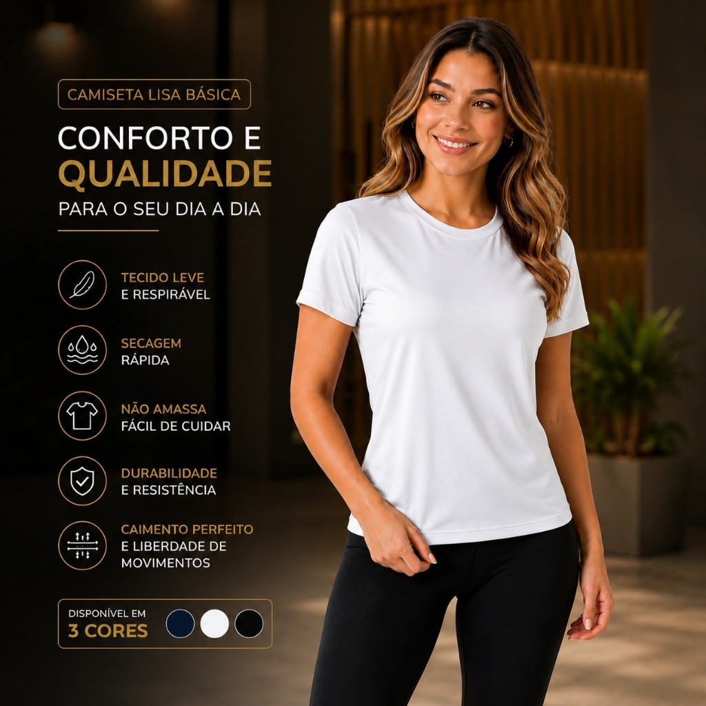 Camiseta Feminina Lisa Básica 100% Poliéster Manga Curta Leve Confortável Casual Premium