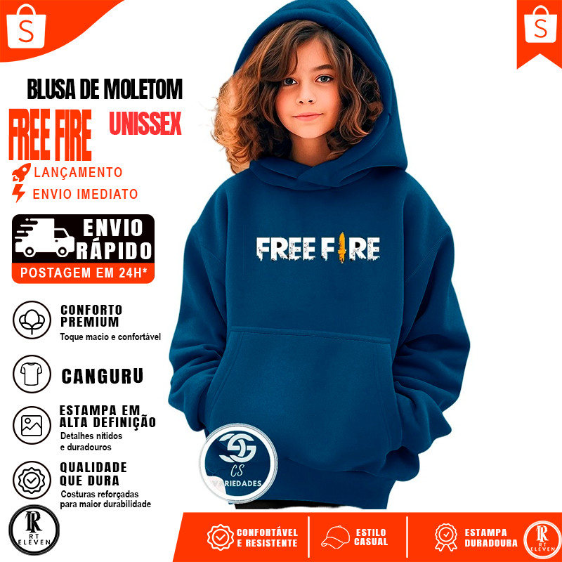 Moletom infantil Free Fire Jogo Videogame Kids Casaco Blusa De Frio Lançamento 2025 Blusa Canguru com bolso e capuz