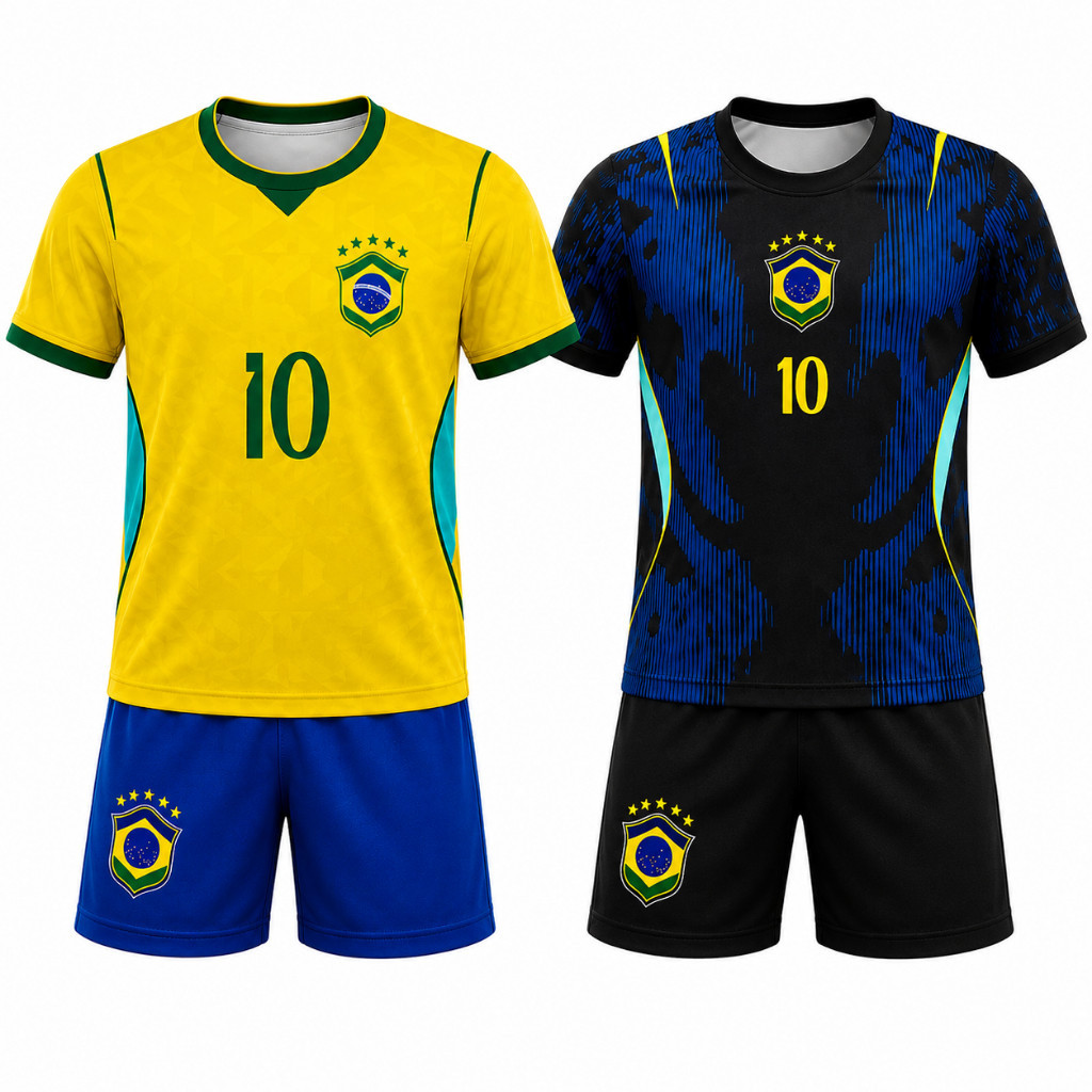 Conjunto Kit Camisa + Short de Futebol Infantil ou Juvenil do Brasil Modelo 2026 Azul ou Amarelo