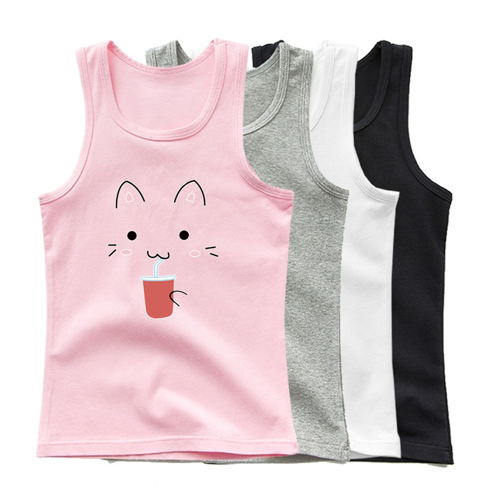 Meninas Algodão Regata Dos Desenhos Animados Gato Impressão Sem Mangas Singlet Crianças Verão Casual Camiseta
