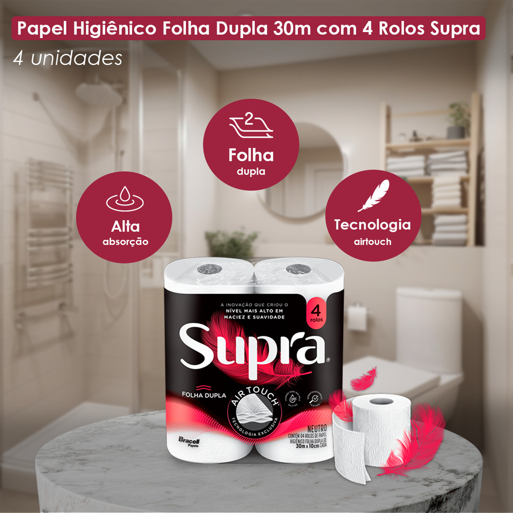 Papel Higiênico Folha Dupla 30m com 04 Rolos Supra · foto 2