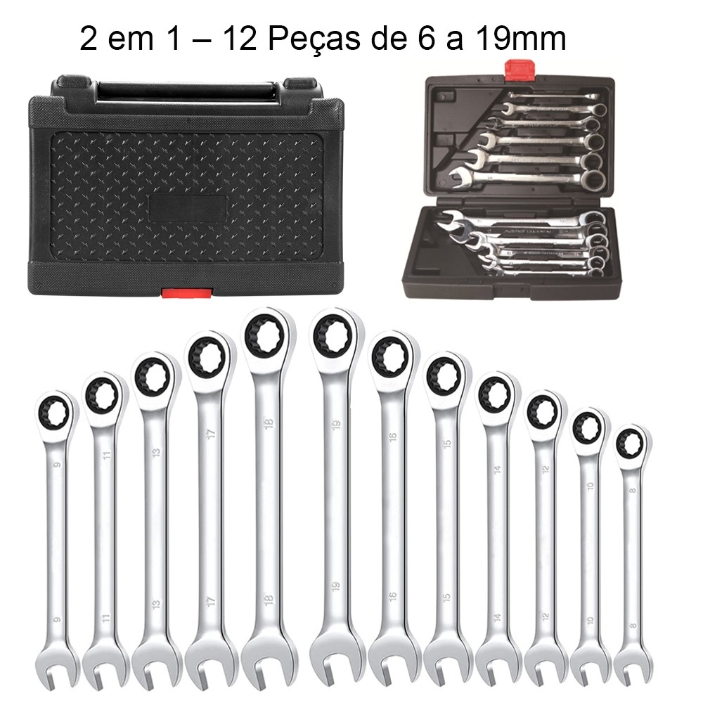 2 em 1 Jogo de Chaves Combinadas com Catraca – 12 Peças de 6 a 19mm | Aperto Rápido Vem com caixa de ferramentas