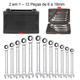 2 em 1 Jogo de Chaves Combinadas com Catraca – 12 Peças de 6 a 19mm | Aperto Rápido Vem com caixa de ferramentas