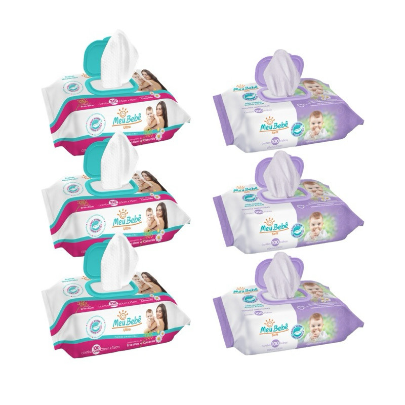 KIT TOALHA UMEDECIDA MEU BEBÊ 600 FOLHAS MISTO 3 PACOTES ULTRA COM 100 FOLHAS E 3 PACOTES SOFT COM 100 FOLHAS