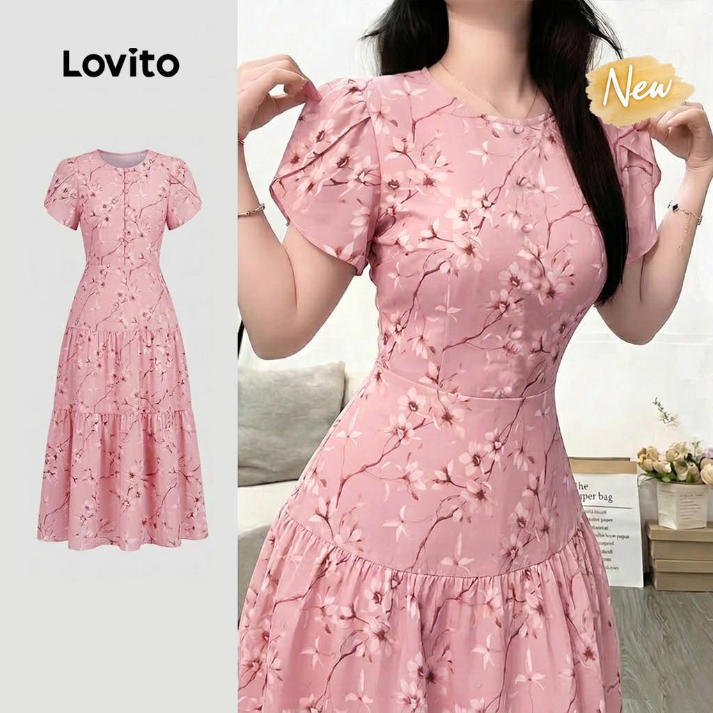 (New Arrival) Lovito Elegante de Verão Rosa de Várias Camadas com Botões Frontai
