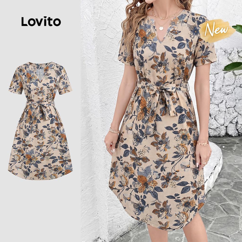 (New Arrival) Lovito Padrão de Vestido Boho com Cinto para Vestido de Primavera/
