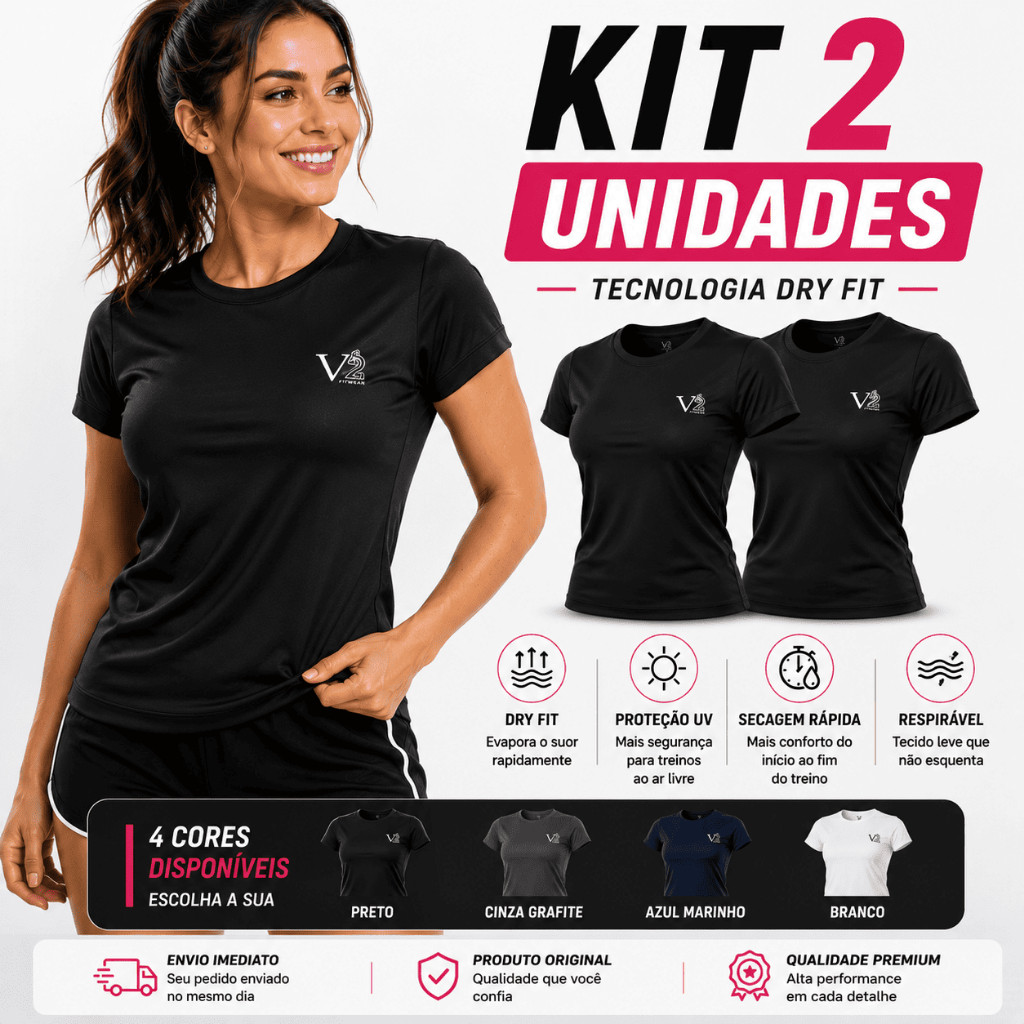 KIT 2 Camisetas Dry Fit Feminina Academia Treino Caminhada Musculação Blusa Fitness