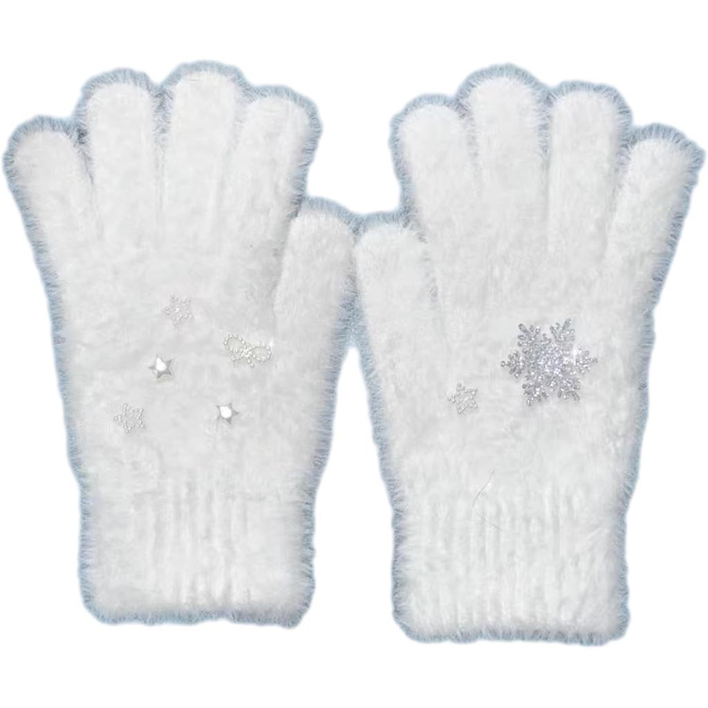 Luvas Casuais de Dedo Inteiro para Adolescentes e Meninas, Luvas Brancas com Padrão de Floco de Neve, Acessórios Feminin