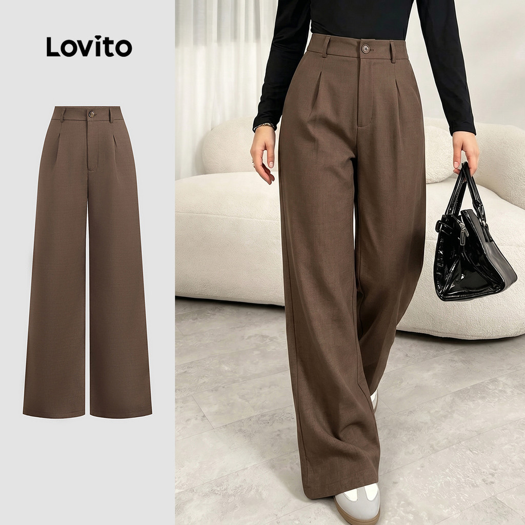 Lovito Calça Elegante com Zíper e Botão Marrom Primavera/verão para mulheres LBL36084