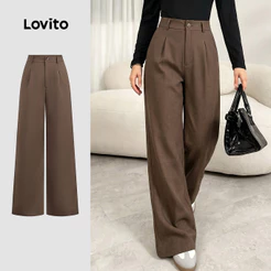 Lovito Calça Elegante com Zíper e Botão Marrom Primavera/verão para mulheres LBL36084
