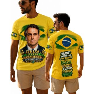 Camisa Flávio Bolsonaro Brasil Amarela – Deus, Pátria, Família e Liberdade – Estampa Frente e Costas