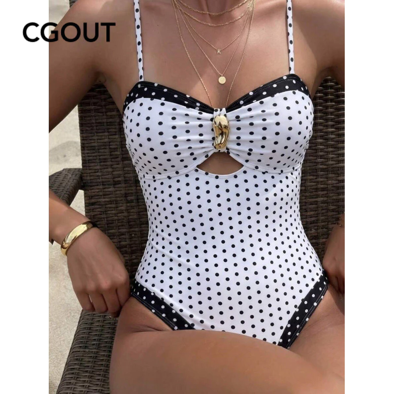 Maiô esportivo feminino retrô elegante, adequado para praia e férias, estampa de bolinhas pretas combinando com design d — imagem 1